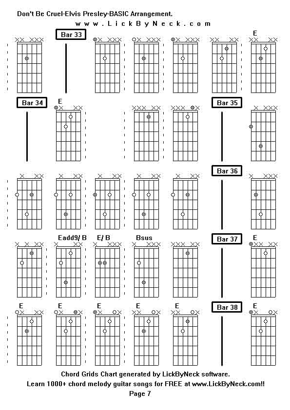 Chord Grids Chart of chord melody fingerstyle guitar song-Don't Be Cruel-Elvis Presley-BASIC Arrangement,generated by LickByNeck software.